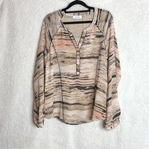 Calvin Klein Women's V-Neck Button Down Printed Long Sleeve Blouse Size M